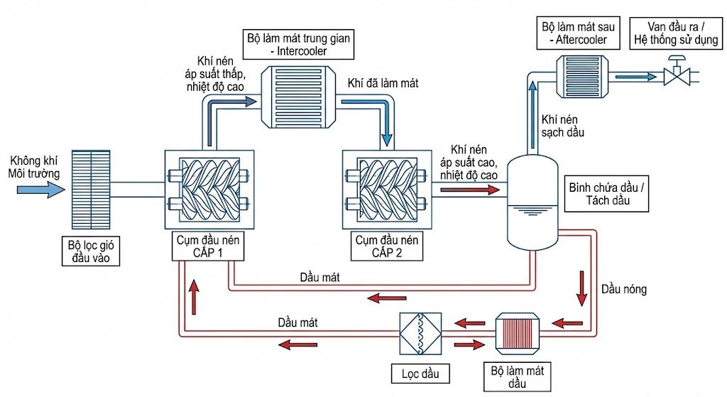 Máy Nén Khí Trục Vít 2 Cấp: Đặc Điểm & Ứng Dụng 2 Sơ đồ nguyên lý hoạt động máy nén khí trục vít 2 cấp.