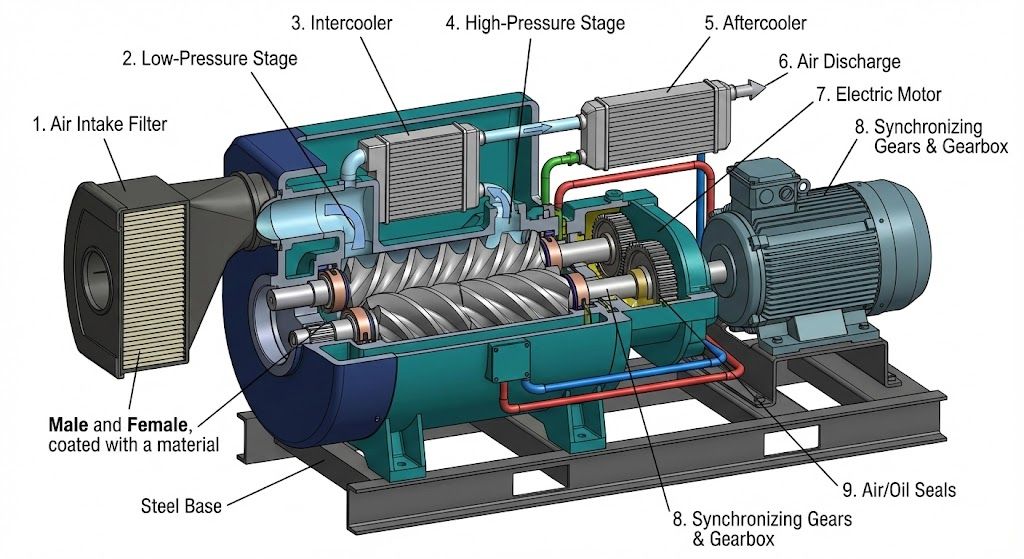 Máy nén khí trục vít không dầu AEMG 19 Cấu tạo máy nén khí trục vít không dầu