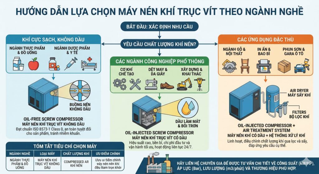 Chọn máy nén khí trục vít theo ngành nghề