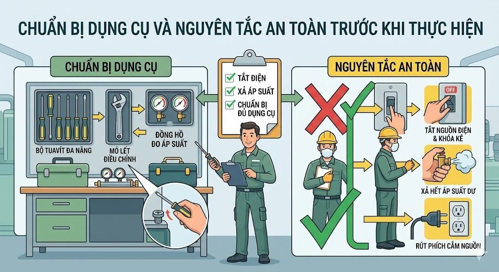 Dụng cụ và nguyên tắc an toàn trước khi thực hiện cách chỉnh rơ le máy nén khí