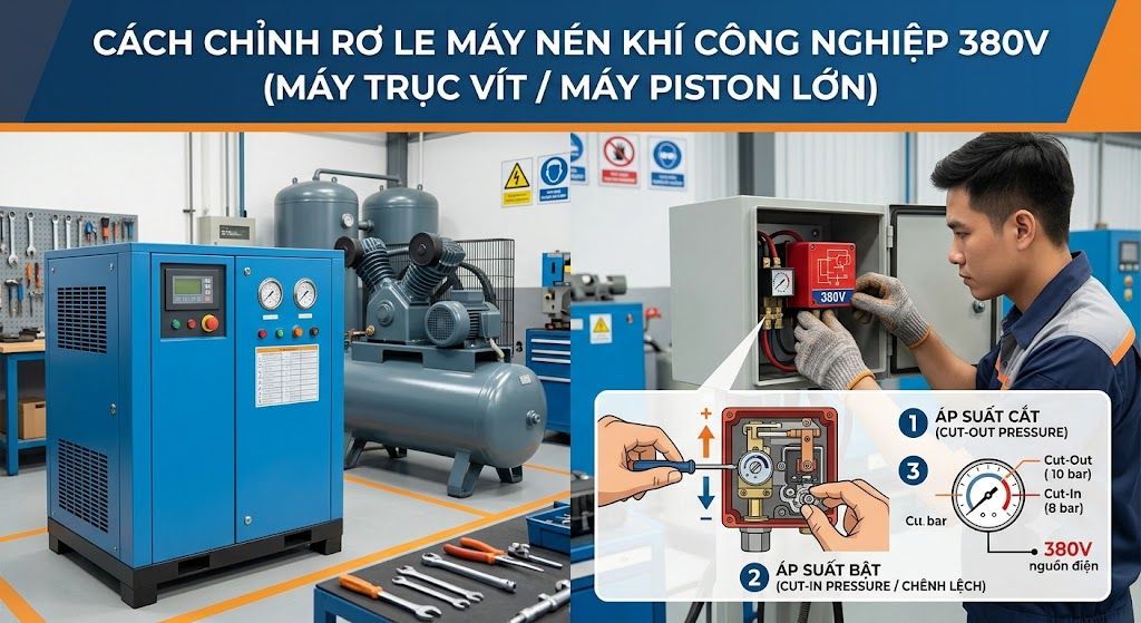 Cách chỉnh rơ le máy nén khí công nghiệp