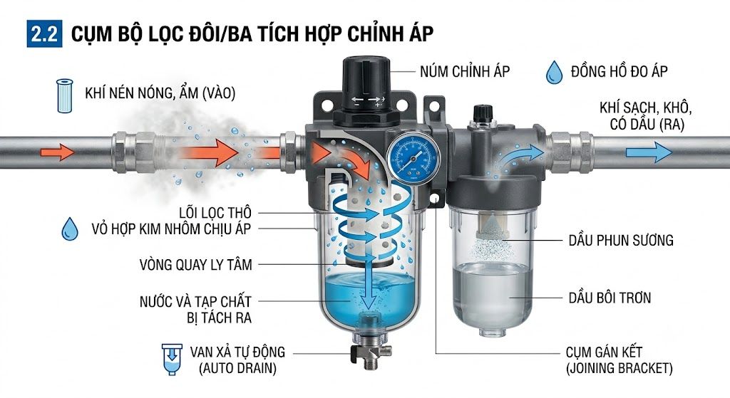 Mô tả cụm lọc tách nước đôi/ba có tích hợp chỉnh áp